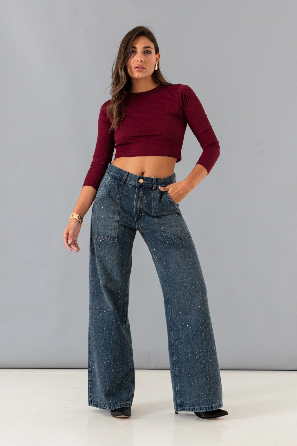 ART.3632 | Jean Wide Leg Óxido Con Strass Rigido Tiro Medio Talles 38-42 Gorsi