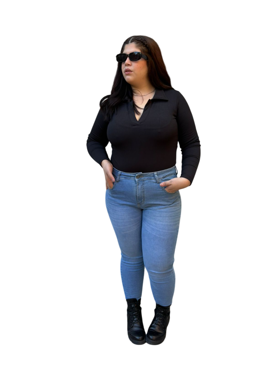 JEAN CHUPIN AZUL DK BRISA DESFLECADO C/BIGOTES ELASTIZADO TIRO ALTO TALLES 44 AL 60 DEKA
