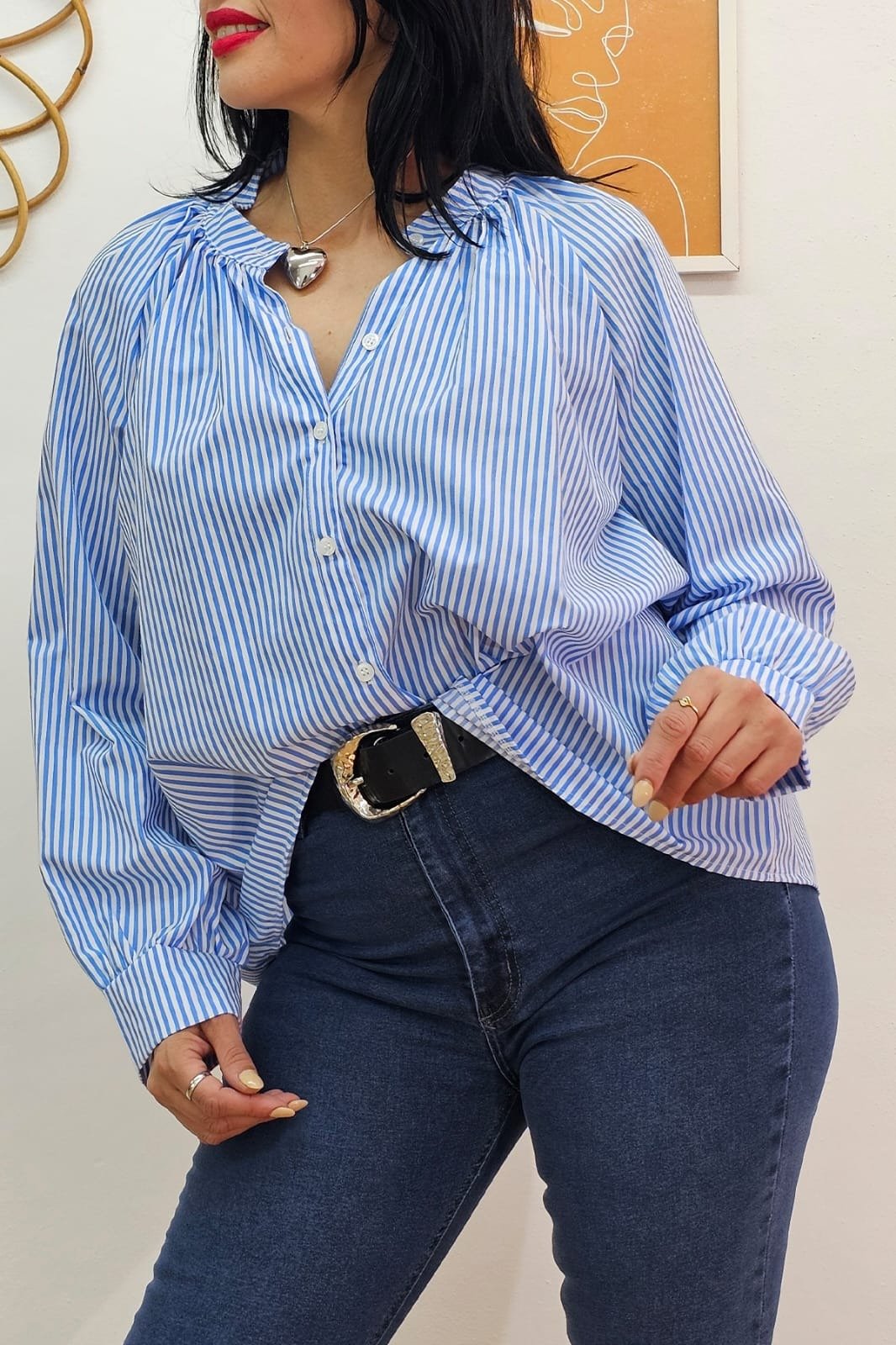817 CAMISA DE POPLIN RAYADA MANGA PRINCESA TALLES M AL XXL