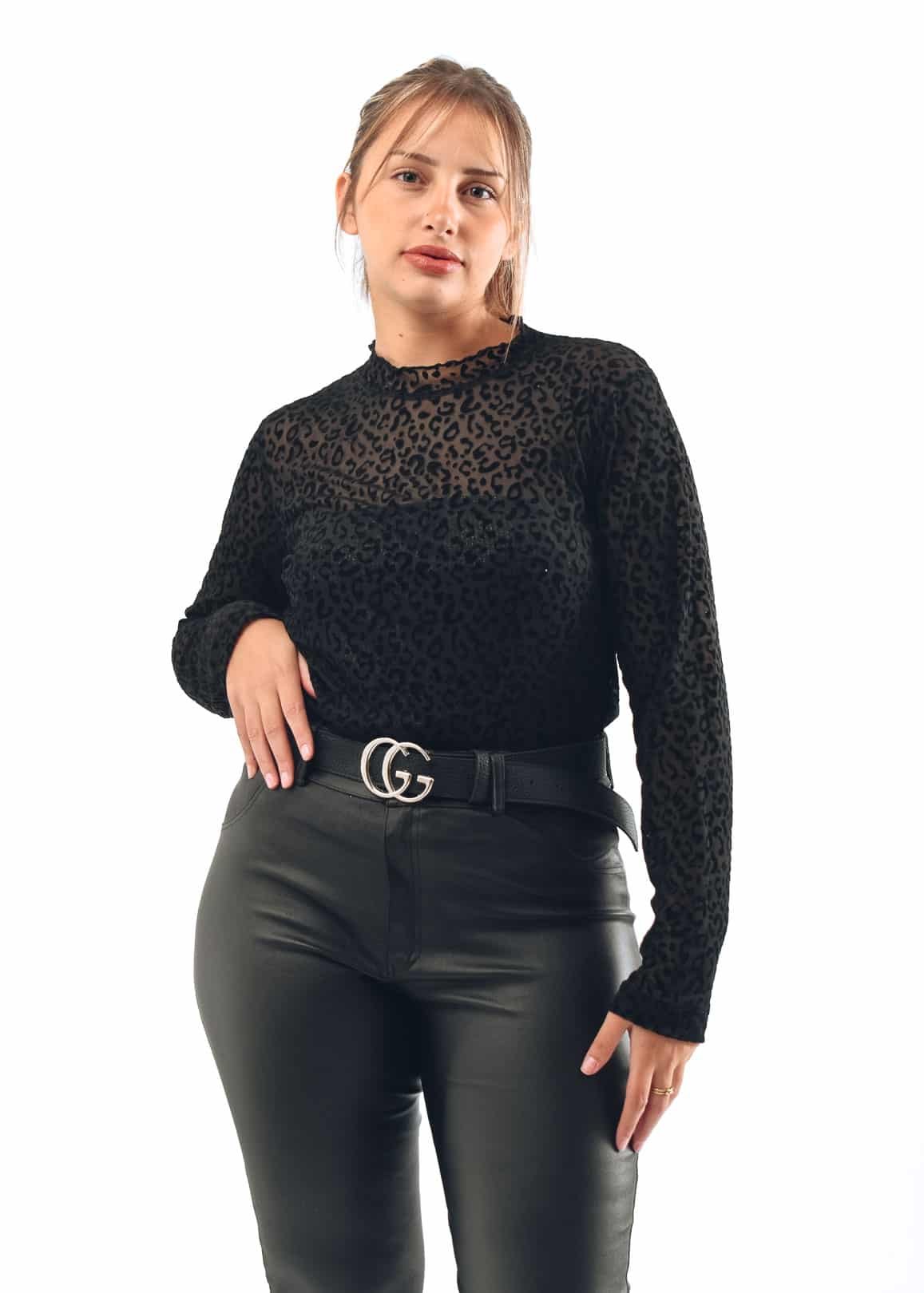 1568 REMERA DE TULL MANGA LARGA ESTAMPADO NEGRO TALLES L AL XXXXL