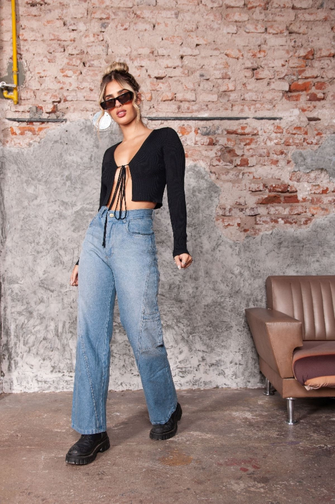 ART 303-6 Wide Leg Celeste matizado c/ Recortes tiro alto rígido Principessa jeans 34-44
