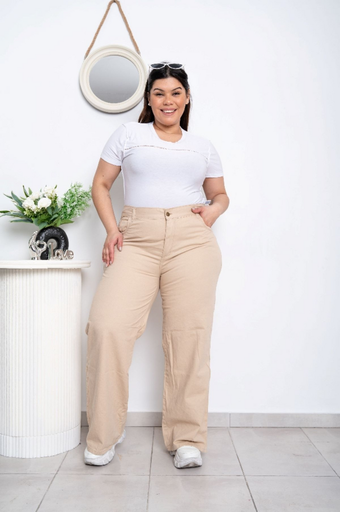 ART. 577NAT | WIDE LEG DE GABARDINA NATURAL RIGIDO TIRO ALTO TALLES 48 AL 56 PRINCIPESSA