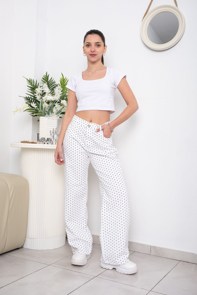 ART 307-6bla Wide Leg DE GABARDINA  BLANCA N C/ Polka Dots  STRASS TIRO ALTO PRINCIPESSA 36-46
