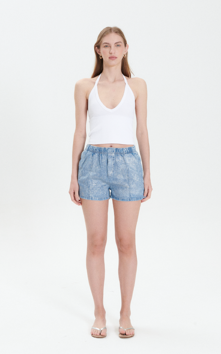 0377 | SHORT GLITTER AZUL RIGIDO TIRO MEDIO TALLES DEL 36 AL 46 INQUIETA