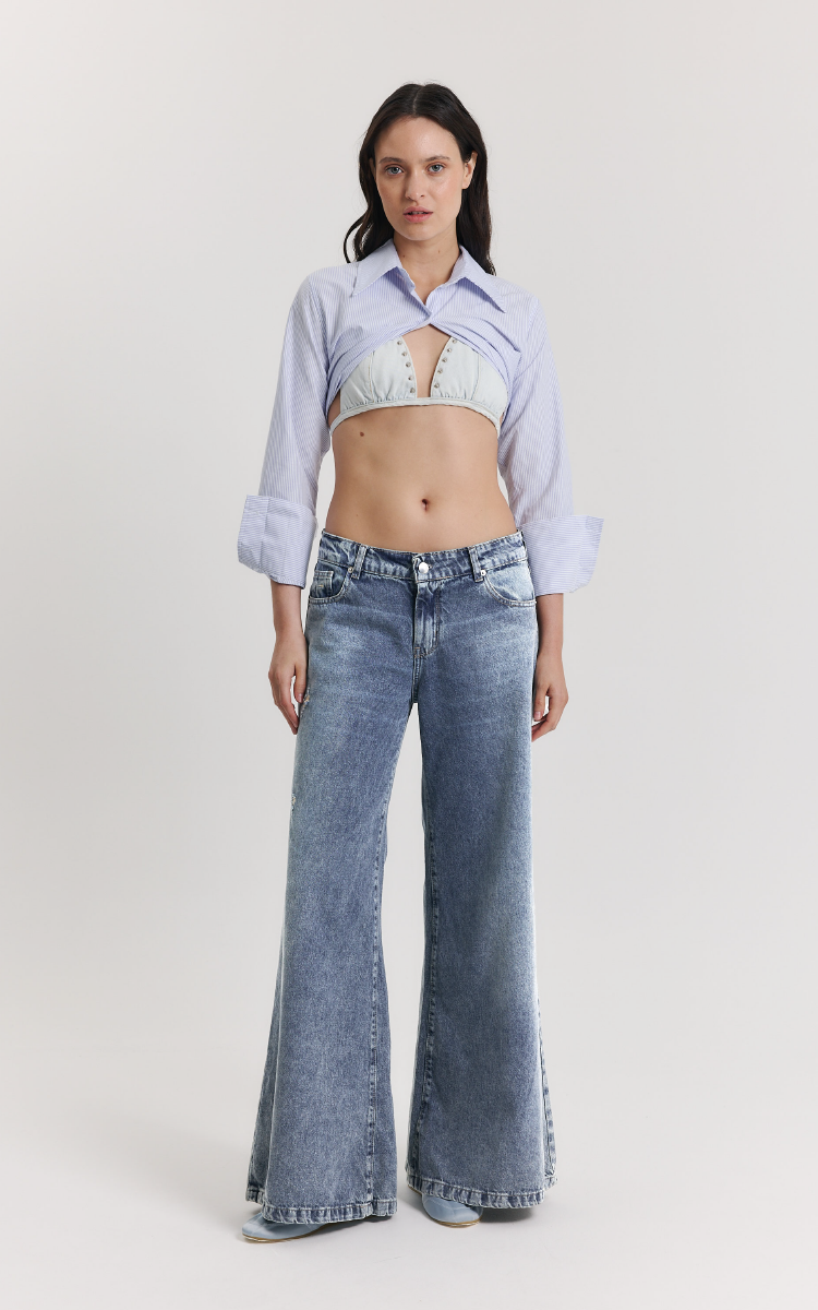 SUPER WIDE LEG AZUL NEVADO RIGIDO CON BIGOTES TIRO BAJO TALLE 34 AL 44 INQUIETA