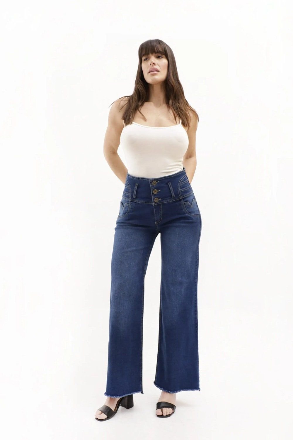 007 | WIDE LEG CON FAJA AZUL ELASTIZADO TIRO ALTO CON LOCALIZADO TALLES 38 AL 56 FLEX