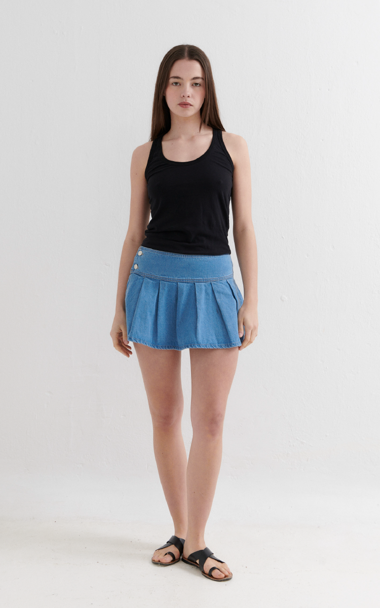 0363 | MINI FALDA TABLEADA AZUL RIGIDO TIRO MEDIO TALLES DEL 34 AL 42 INQUIETA