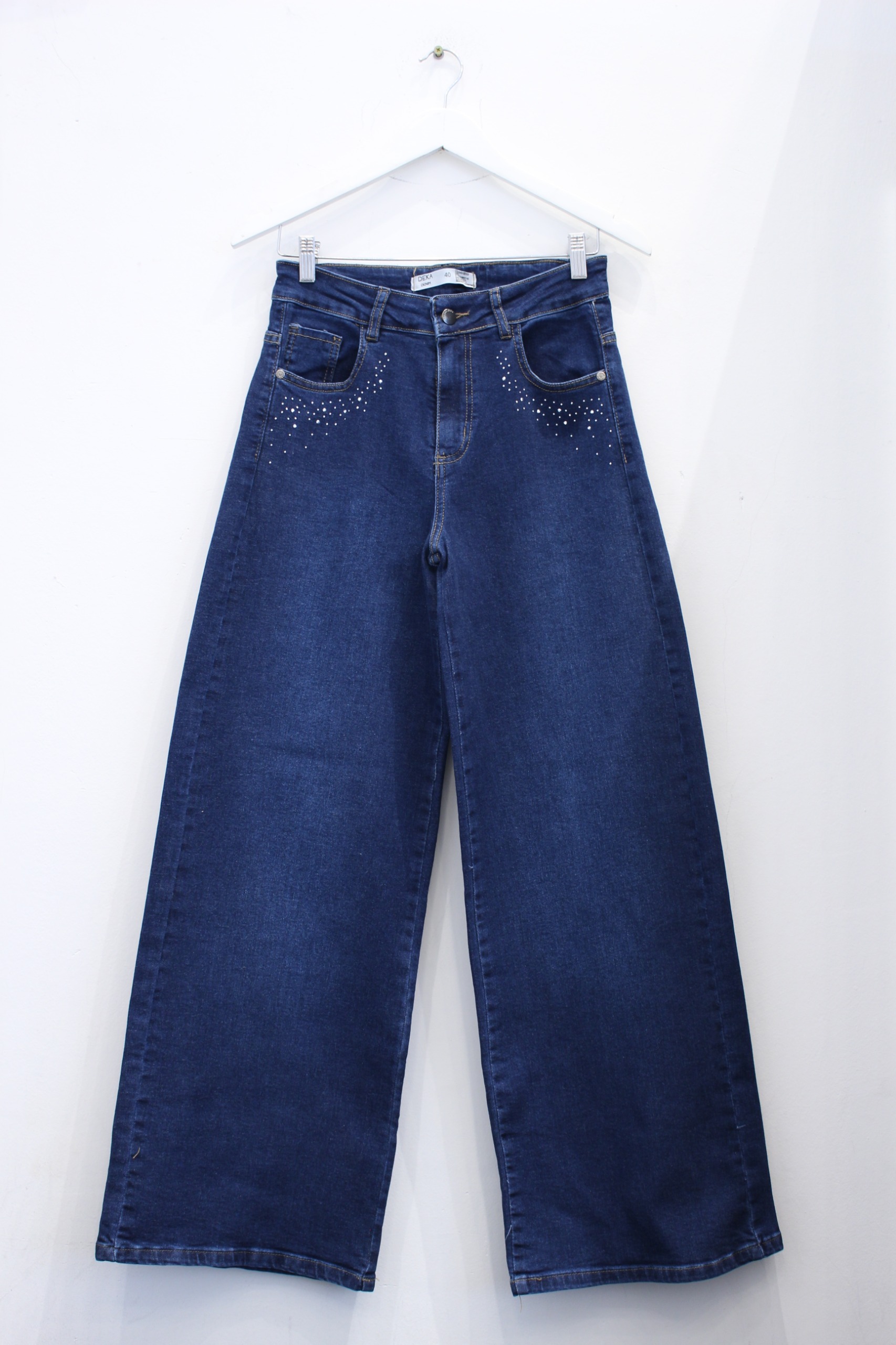 ZERO | WIDE LEG AZUL RIGIDO CON STRASS TIRO ALTO TALLES DEL 40 AL 54 DEKA