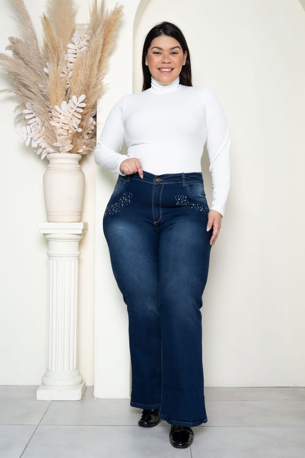 K011 | WIDE LEG AZUL ELASTIZADO CON STRASS TALLES DEL 48 AL 60 MARCA KAWAII