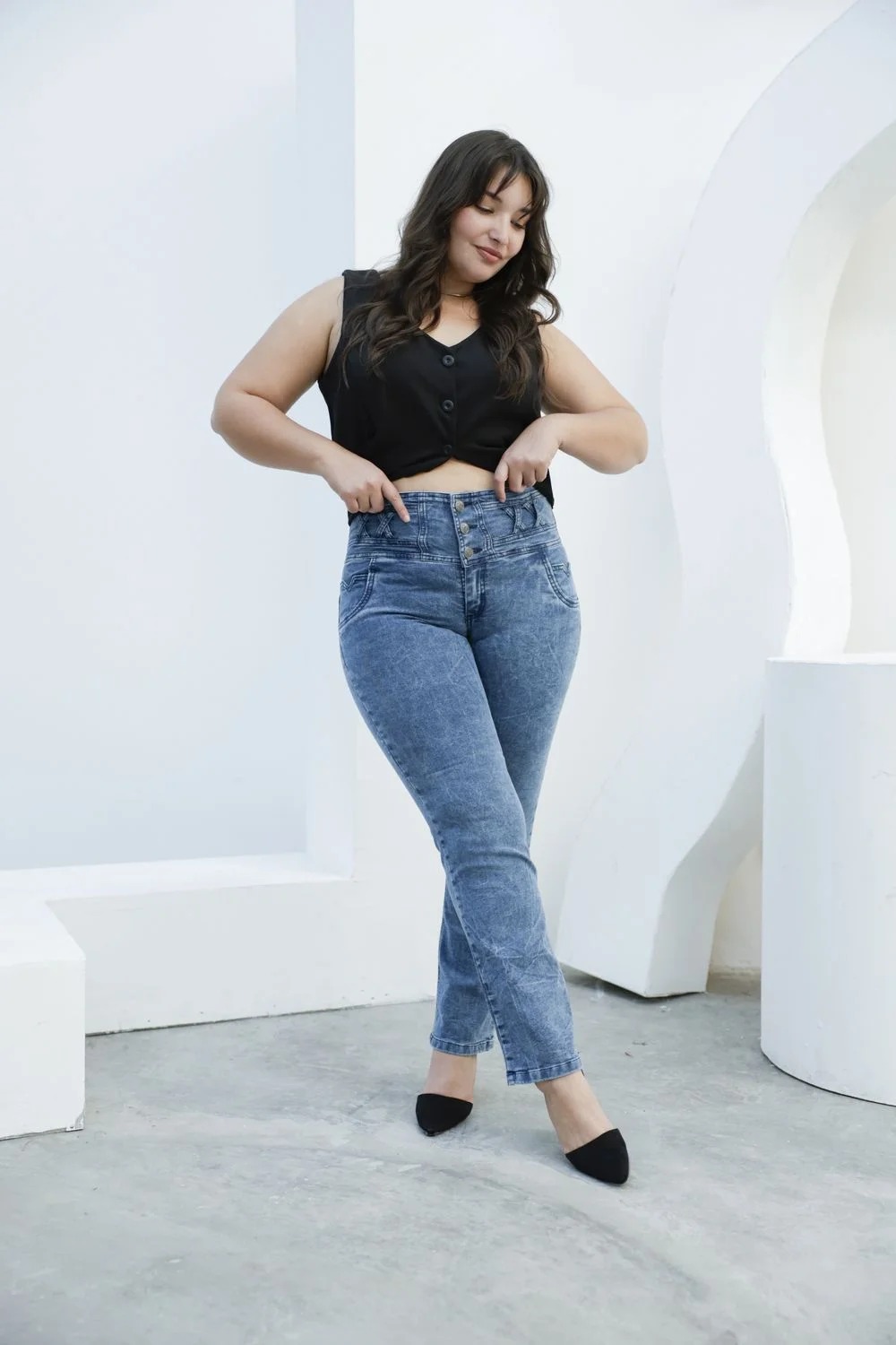 401 | RECTO CON FAJA AZUL NEVADO CRUZ ELASTIZADO TIRO ALTO TALLES DEL 38 AL 56 FLEX DENIM