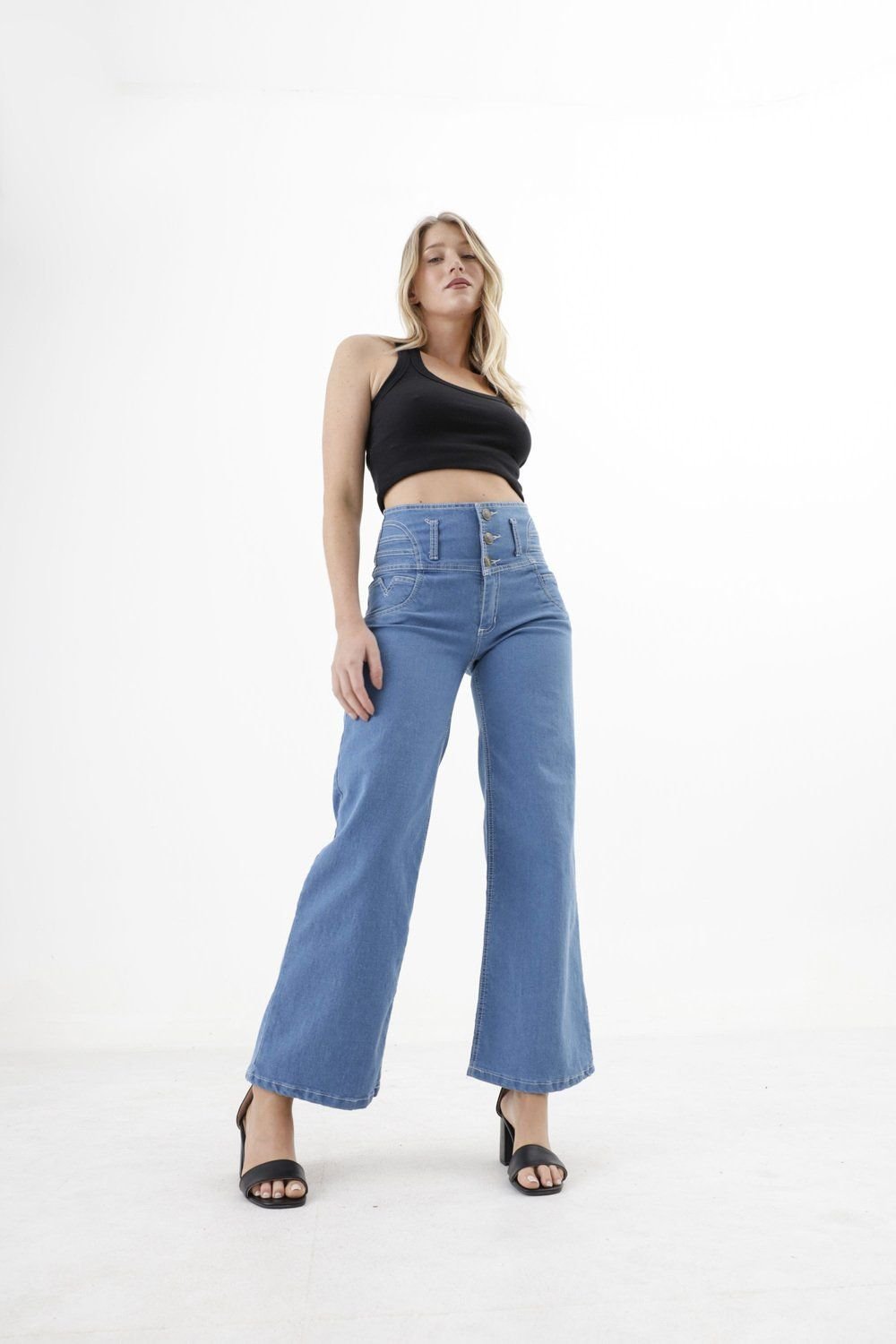 006 | WIDE LEG CON FAJA CELESTE ELASTIZADO TIRO ALTO TALLES 38 AL 56 FLEX