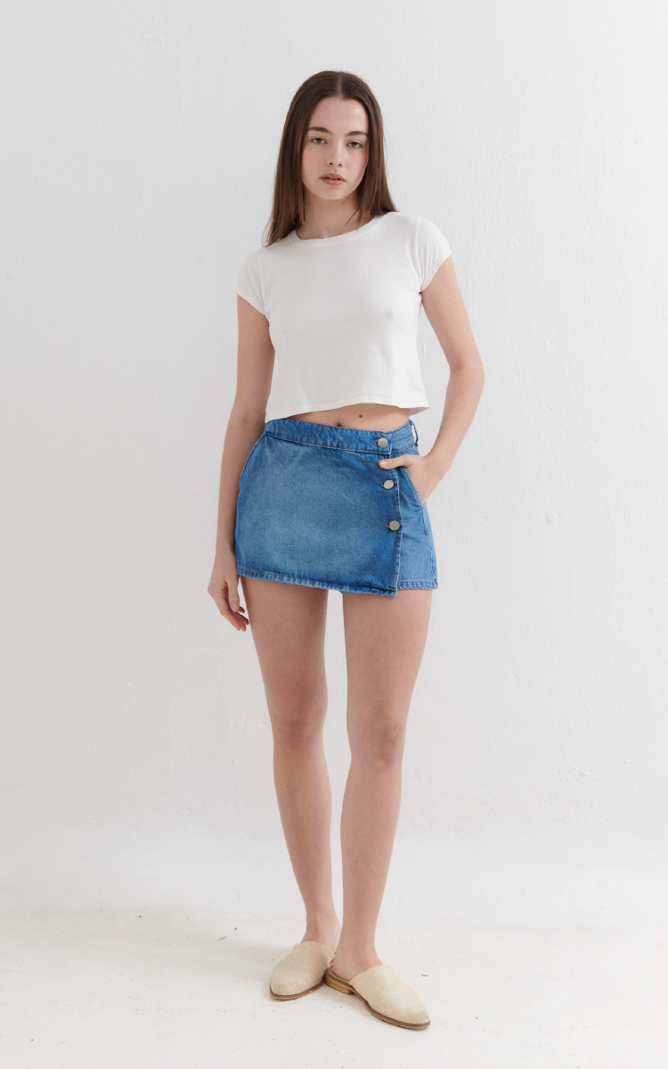 0372 | SKORT FALDA CRUZADA AZUL RIGIDO 3 BOTONES TIRO ALTO TALLES DEL 36 AL 46 INQUIETA