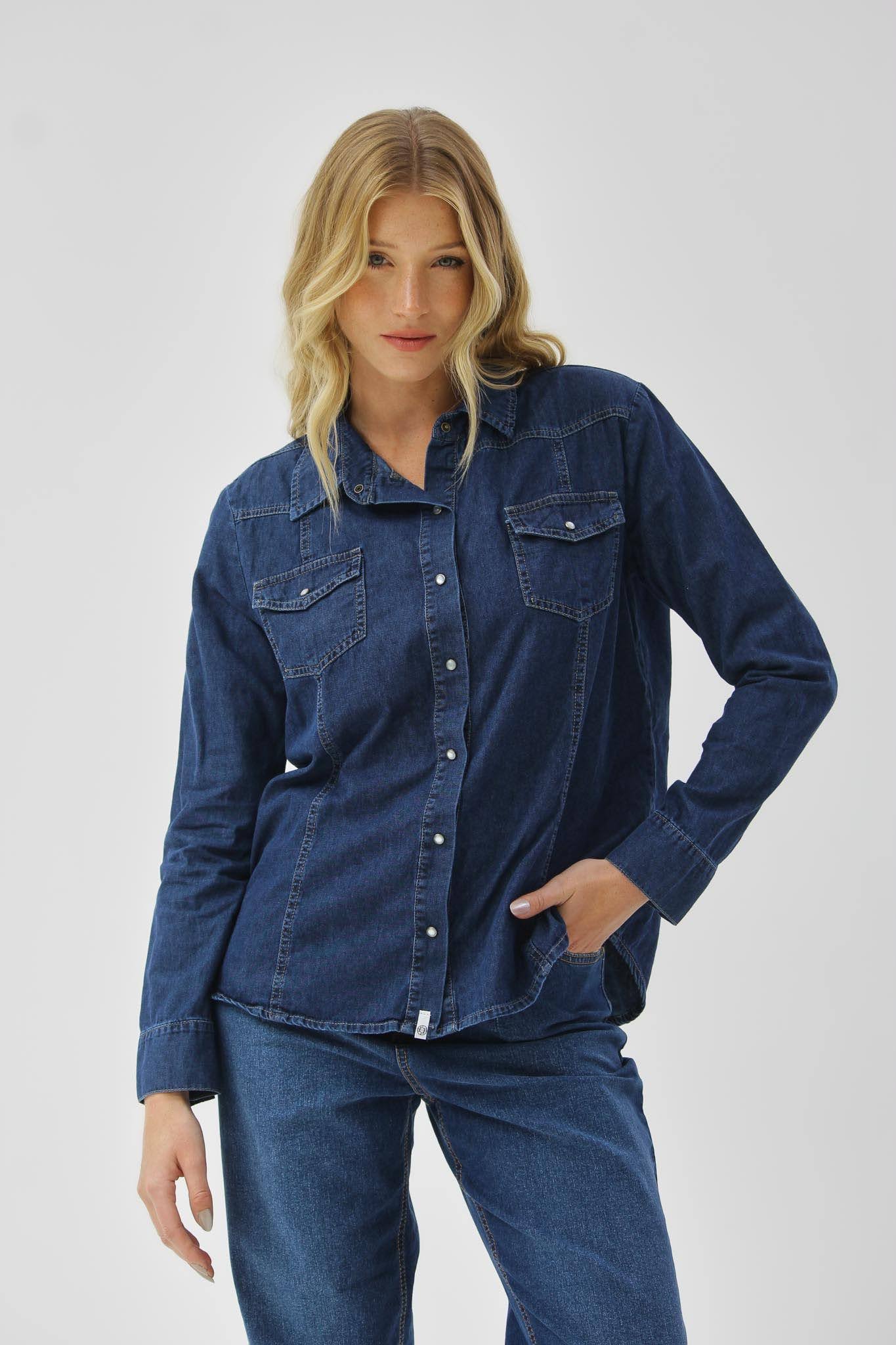 CAMISA JEAN RIGIDA AZUL OSCURO  MEDUSA  TALLES DEL S AL 3X TORINE