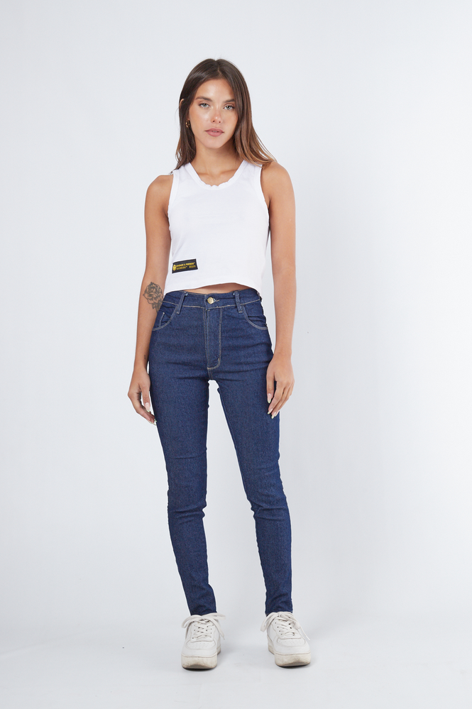 119-1 JEAN CHUPÍN AZUL HILO CAMEL CLASICO TIRO ALTO ELASTIZADA TALLES 36 AL 46 PRINCIPESSA JEANS