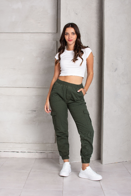 473-2VMT JOGGER CARGO Verde Militar TIRO BAJO GABARDINA RÍGIDA PRINCIPESSA 36 AL 46
