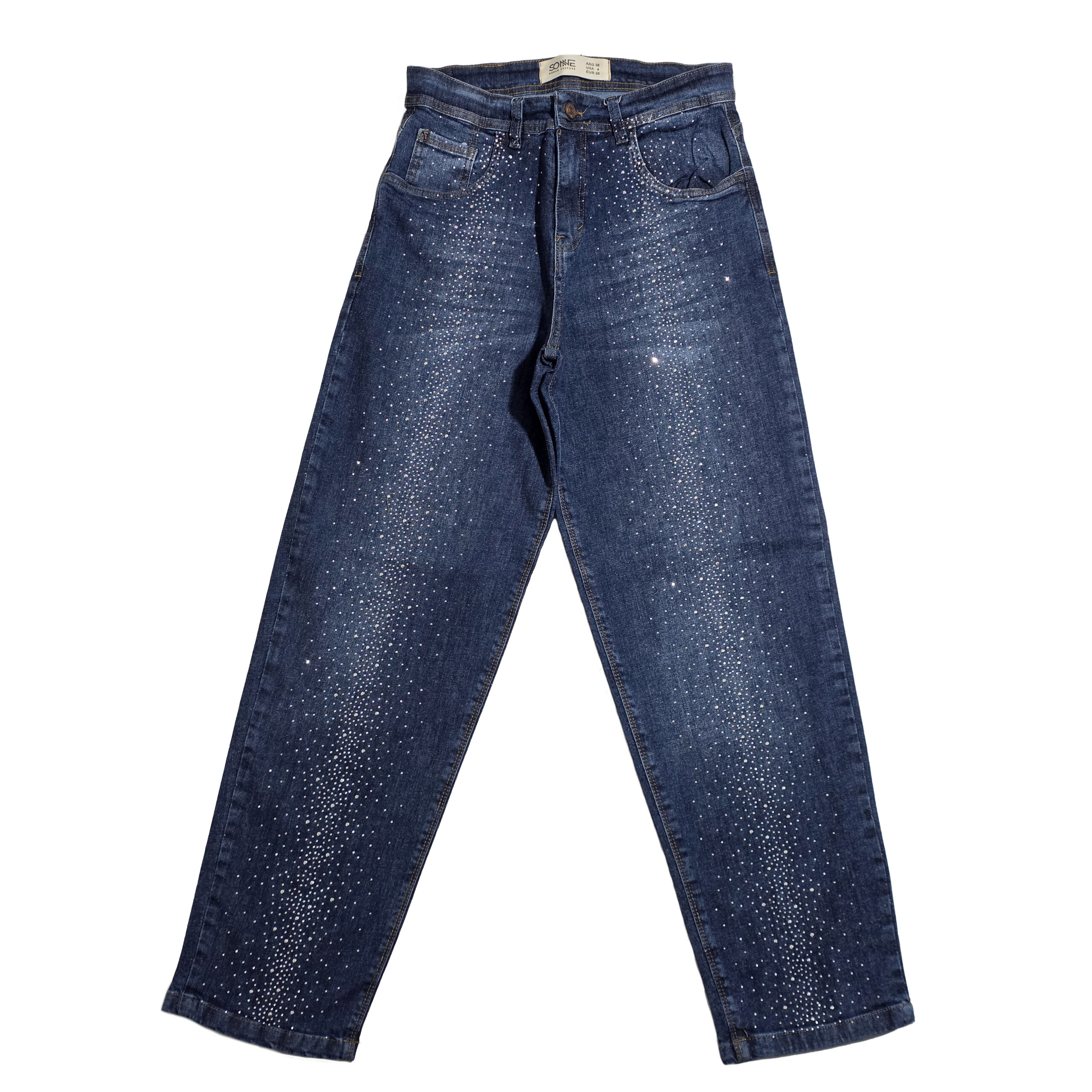 GLAM | MOM AZUL ELASTIZADO TIRO ALTO CON TACHAS Y BIGOTES TALLES DEL 36 AL 60 SONNE