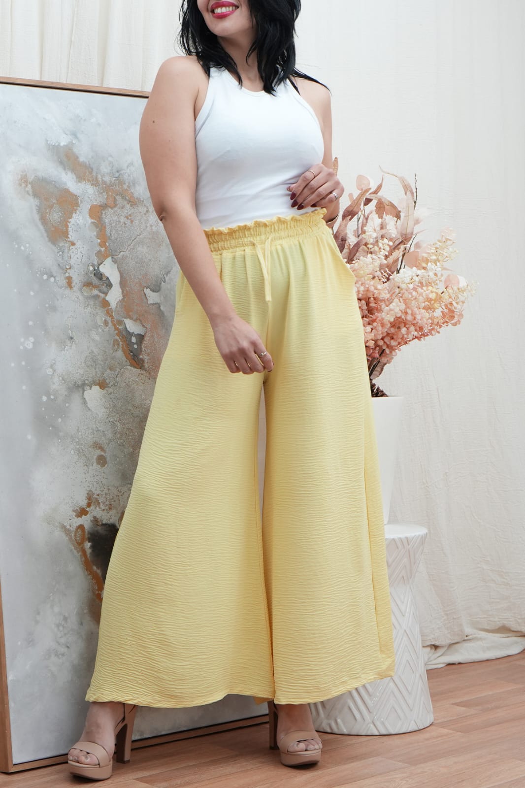 955 KALA-PANTALÓN PALAZO DE CEY LISO CON ELASTICO VARIOS COLORES M-XL