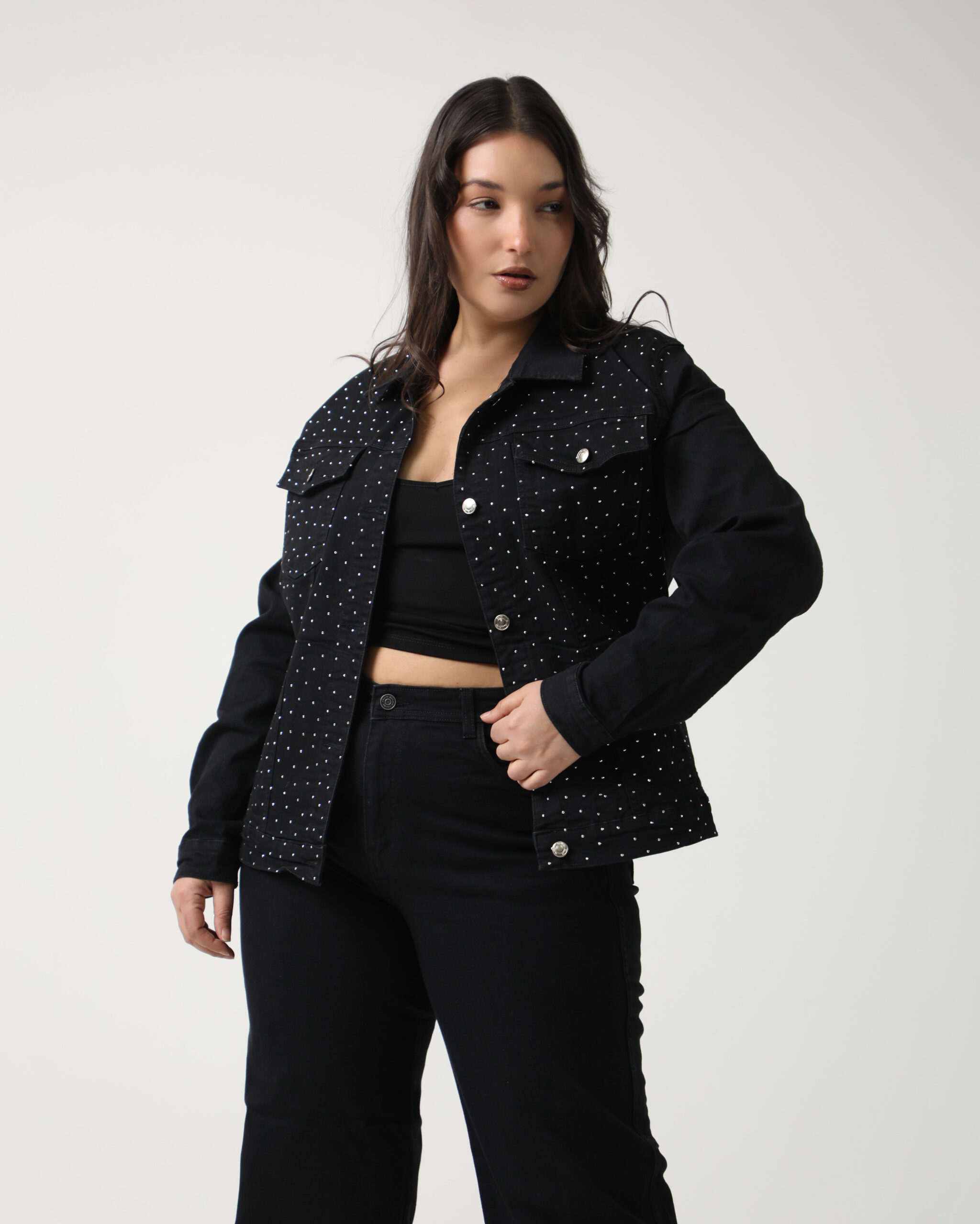 Lucille-Chaqueta Elastizada De Jean  Negro Con Strass Sonne 36-54