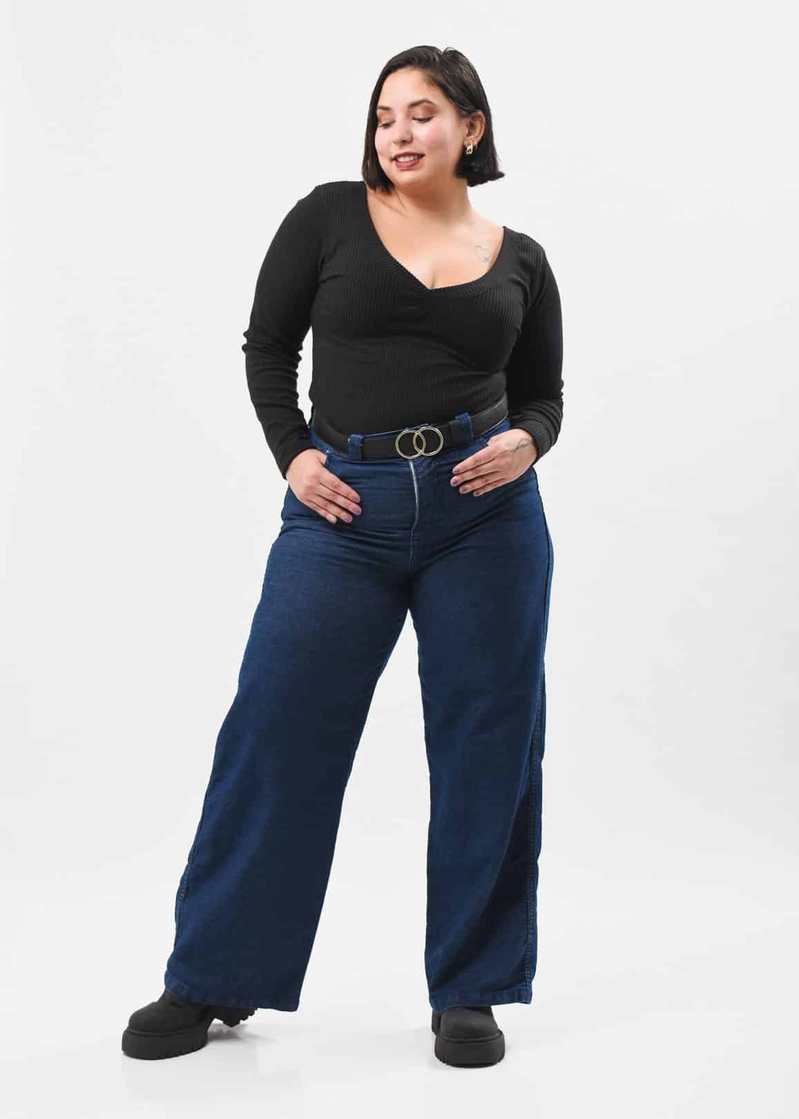 26501 JEAN WIDE LEG AZUL CLASICO RIGIDO TIRO ALTO PLUS SIZE TALLES 48 AL 64