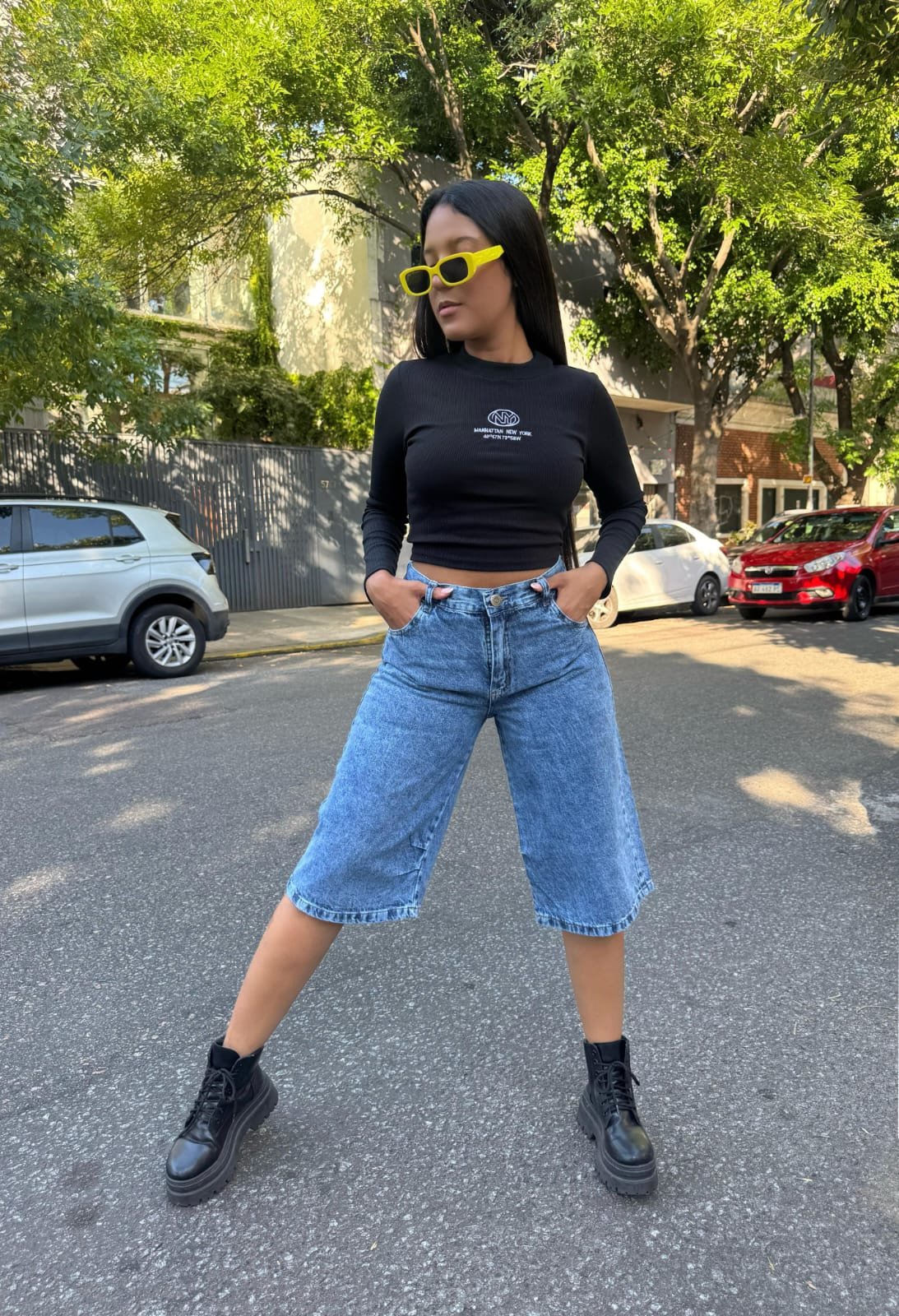 DETROIT | BERMUDA AZUL NEVADO RIGIDA TIRO ALTO TALLES 36 AL 56 ANA CLARA