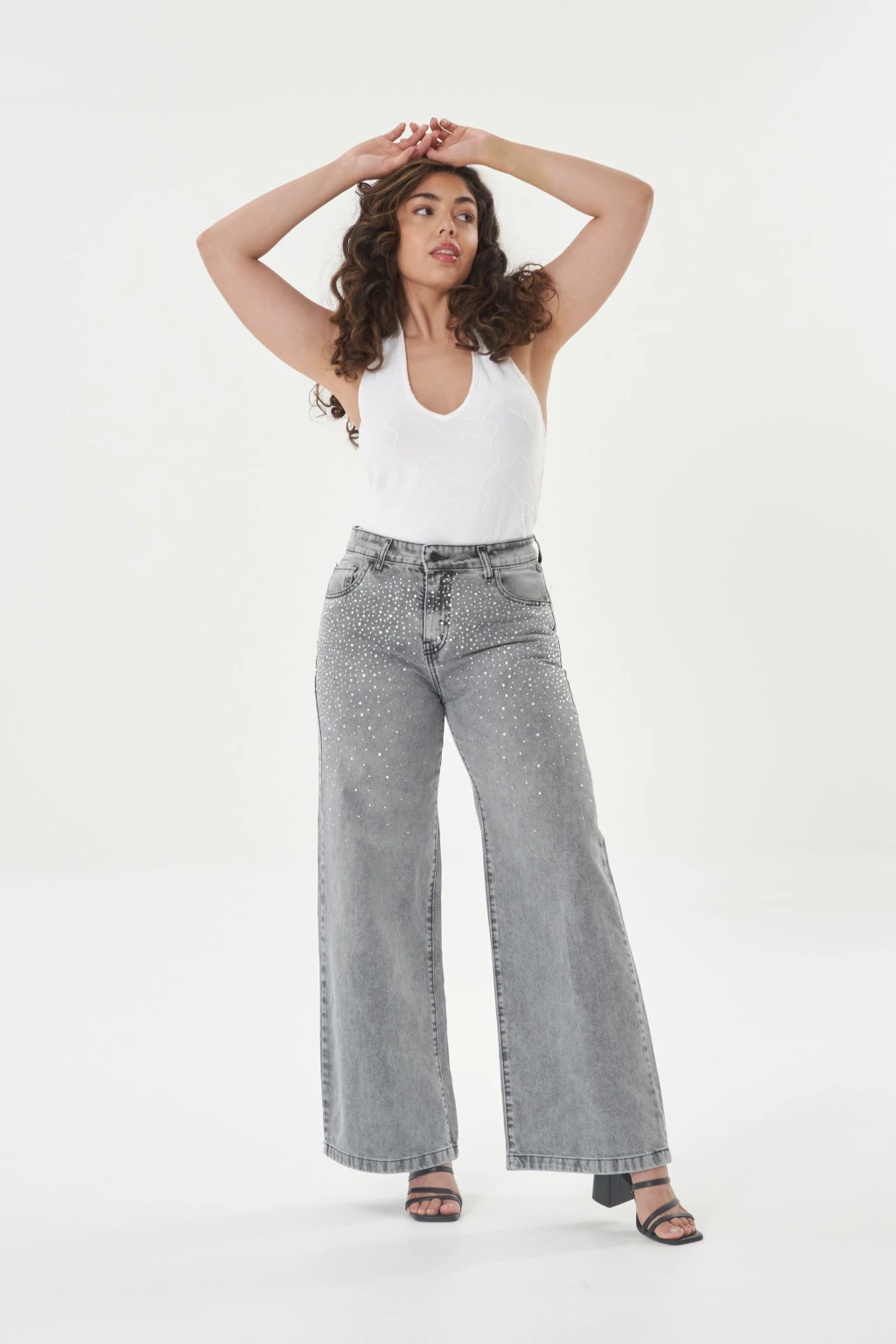 PORTER WIDE LEG GRIS CON STRAS TIRO ALTO TALLES 36 AL 46 STRIVEN