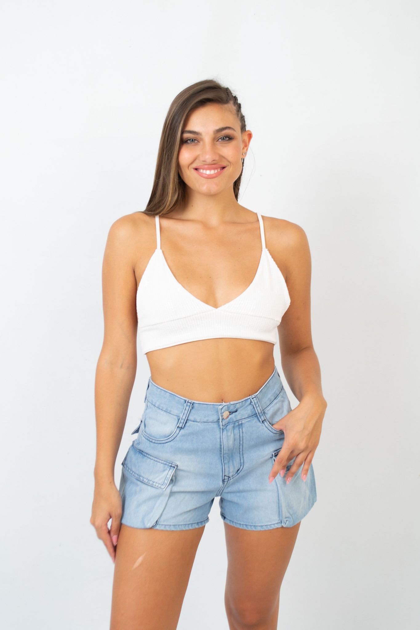SH-91 | SHORT CELESTE CARGO RIGIDO CLASICO TIRO ALTO TALLES 36 AL 42 VERSUS