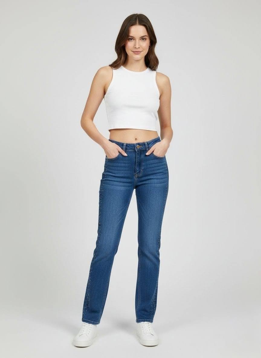 FRANCIS | PANTALON JEAN RECTO AZUL ELASTIZADO CON BRILLO LATERAL TALLES 38 AL 54 TORINE