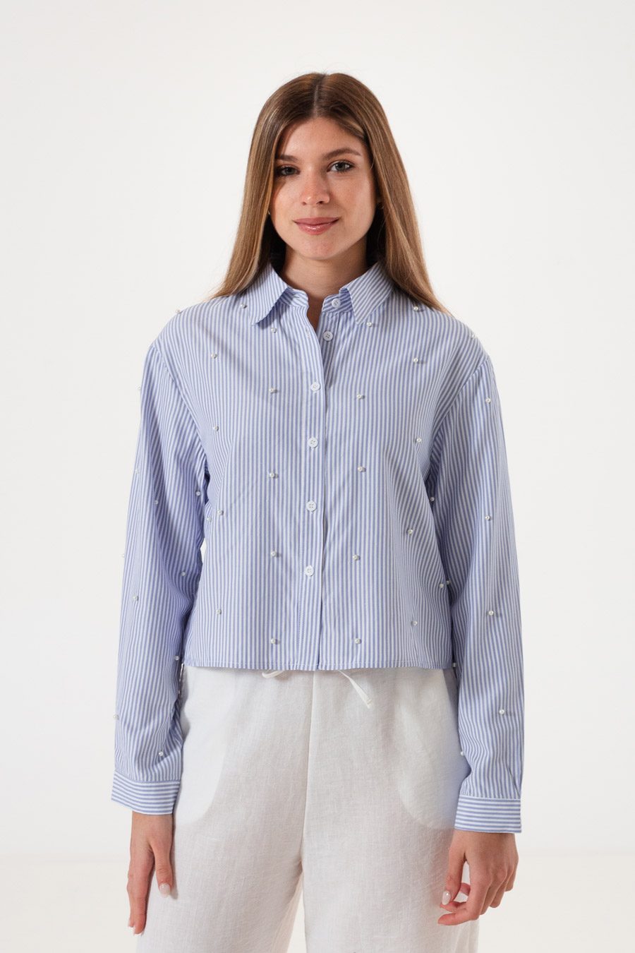 KY050 CAMISA CLASICA RAYADA CON PERLAS MANGA LARGA VARIOS COLORES TALLES M AL XXL