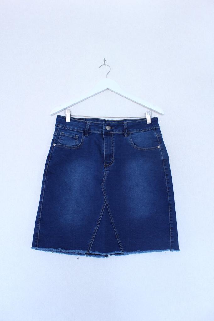 Pollera Dali azul localizada costura frontal desflecado tiro alto talles 50 al 54 deka