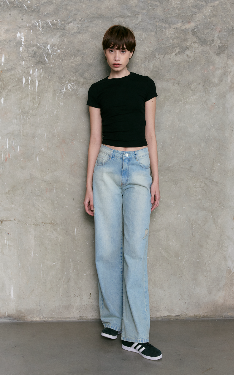 1781  /  WIDE LEG DENIM RIGIDO EFECTO LAVADO CON MICROROTURAS  TIRO ALTO TALLES 36 AL 44 INQUIETA