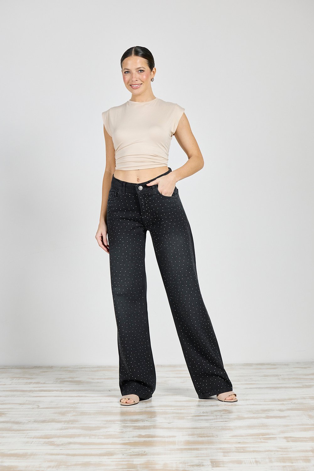 ART. 312 | JEAN WIDE LEG NEGRO CON STRASS RÍGIDO CENITHO