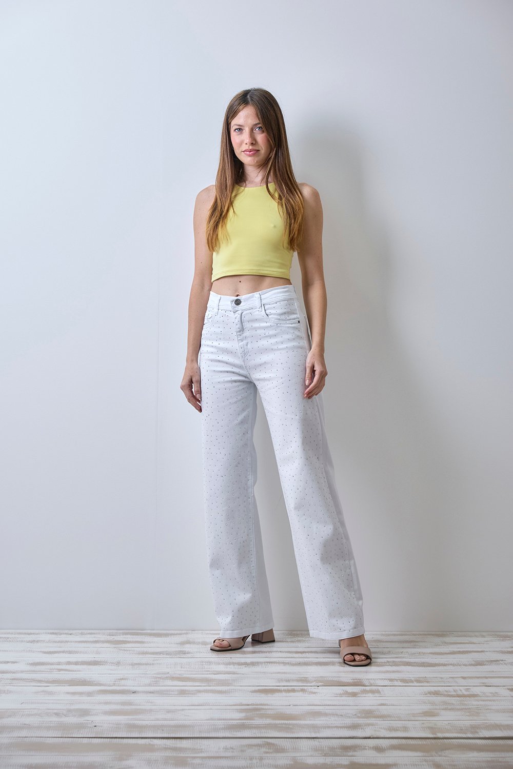 ART. 457 | WIDE LEG BLANCO CON BRILLO STRASS ELASTIZADO TIRO ALTO TALLES 36 AL 46 CENITHO