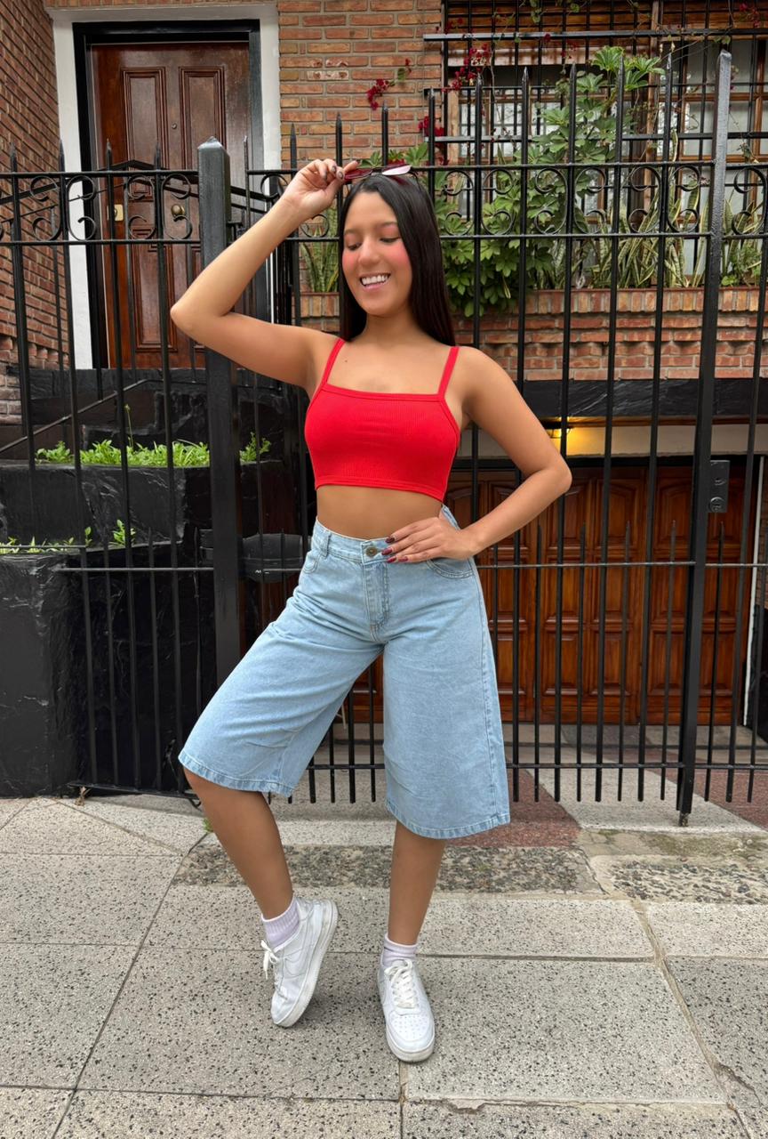 DETROIT I  BERMUDA BAGGY CELESTE RIGIDA TIRO ALTO TALLES 36 AL 54 ANA CLARA