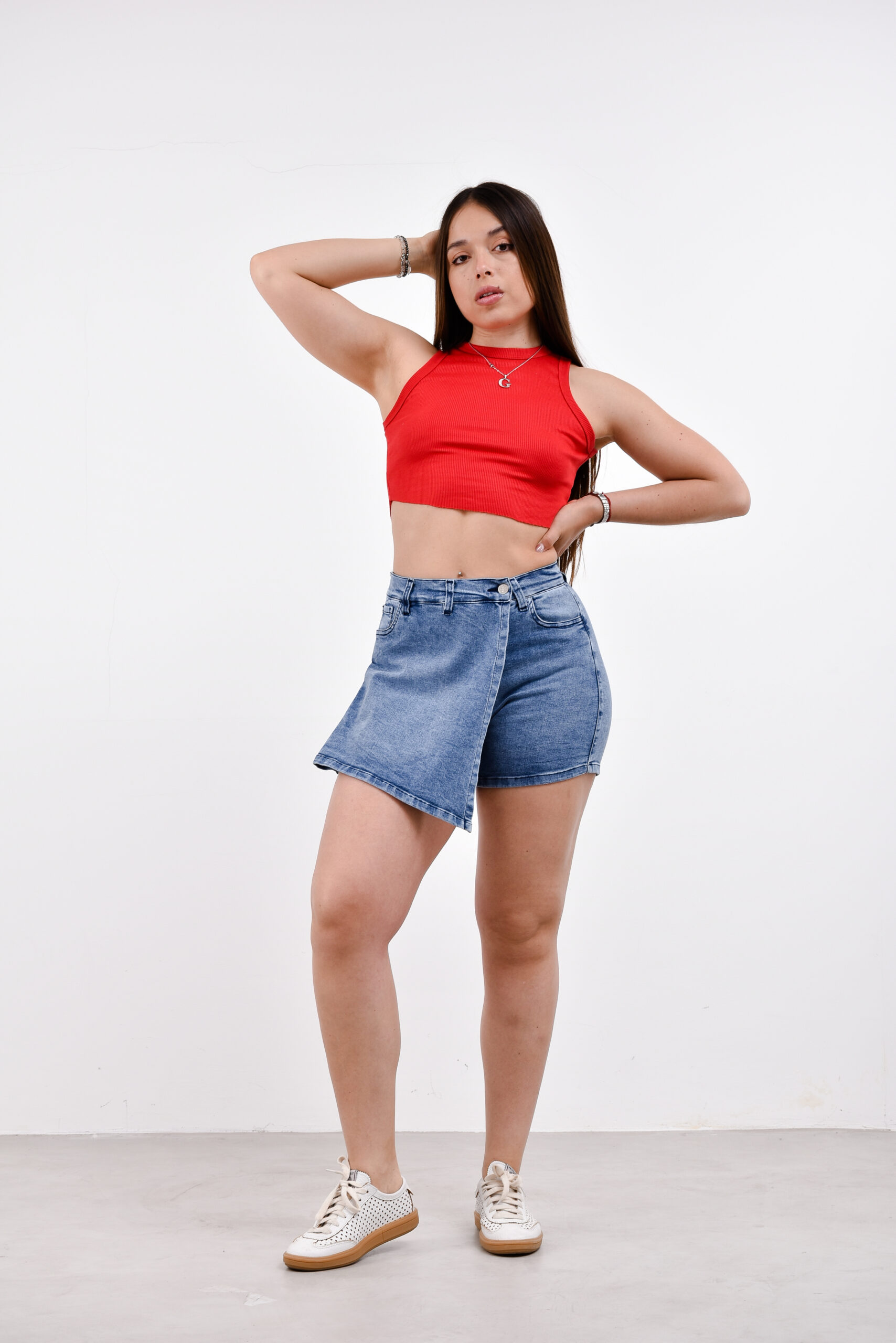 ART. ESTELA | SHORT POLLERA CLASICO CON SOLAPA AZUL NEVADO ELASTIZADO TIRO ALTO