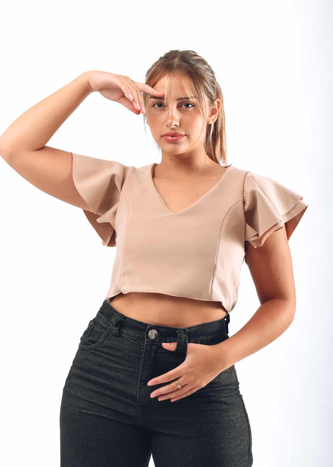 TOP CON BOLADO EN MANGA CON ESCOTE EN V DE TELA BAZZOKA TALLES L AL XXXL