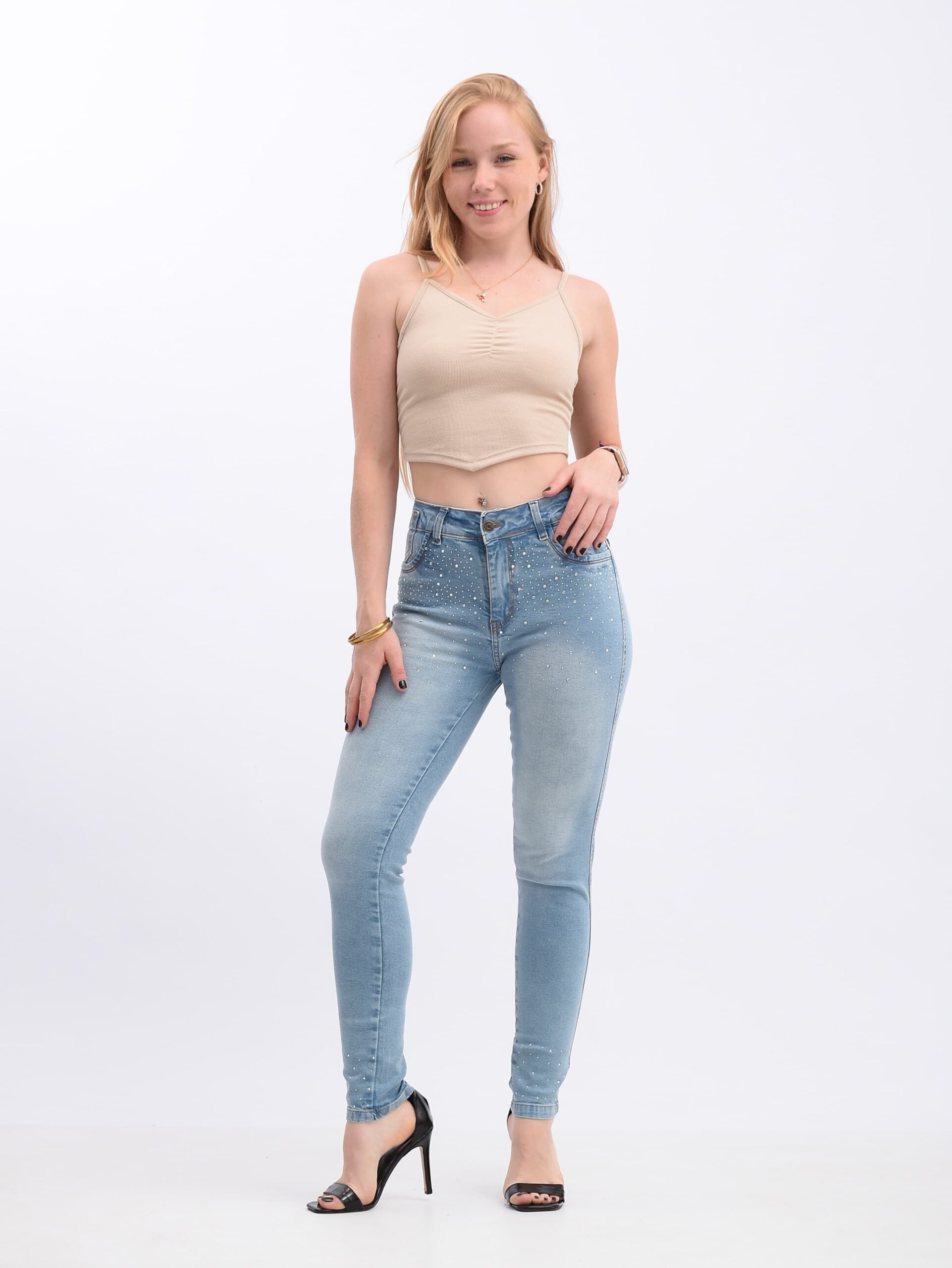 205BR | JEAN SKINNY ELASTIZADO STRASS TIRO ALTO TALLES 36 AL 50 EXITO JEANS
