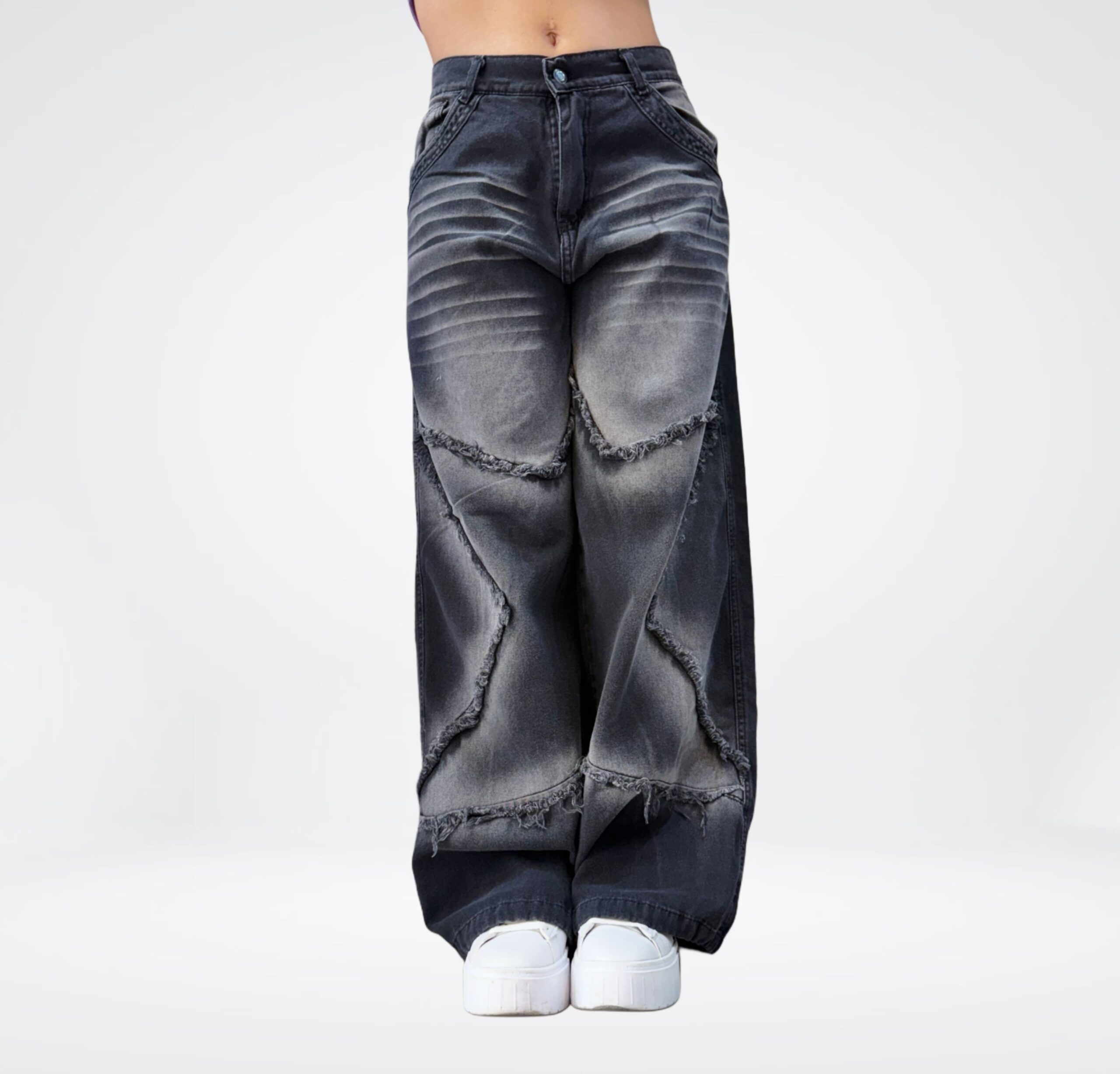 139ES | BAGGY GRIS CON DISEÑO DE ESTRELLA RIGIDO UNISEX TIRO ALTO TALLES 42 AL 46 EXITO JEANS