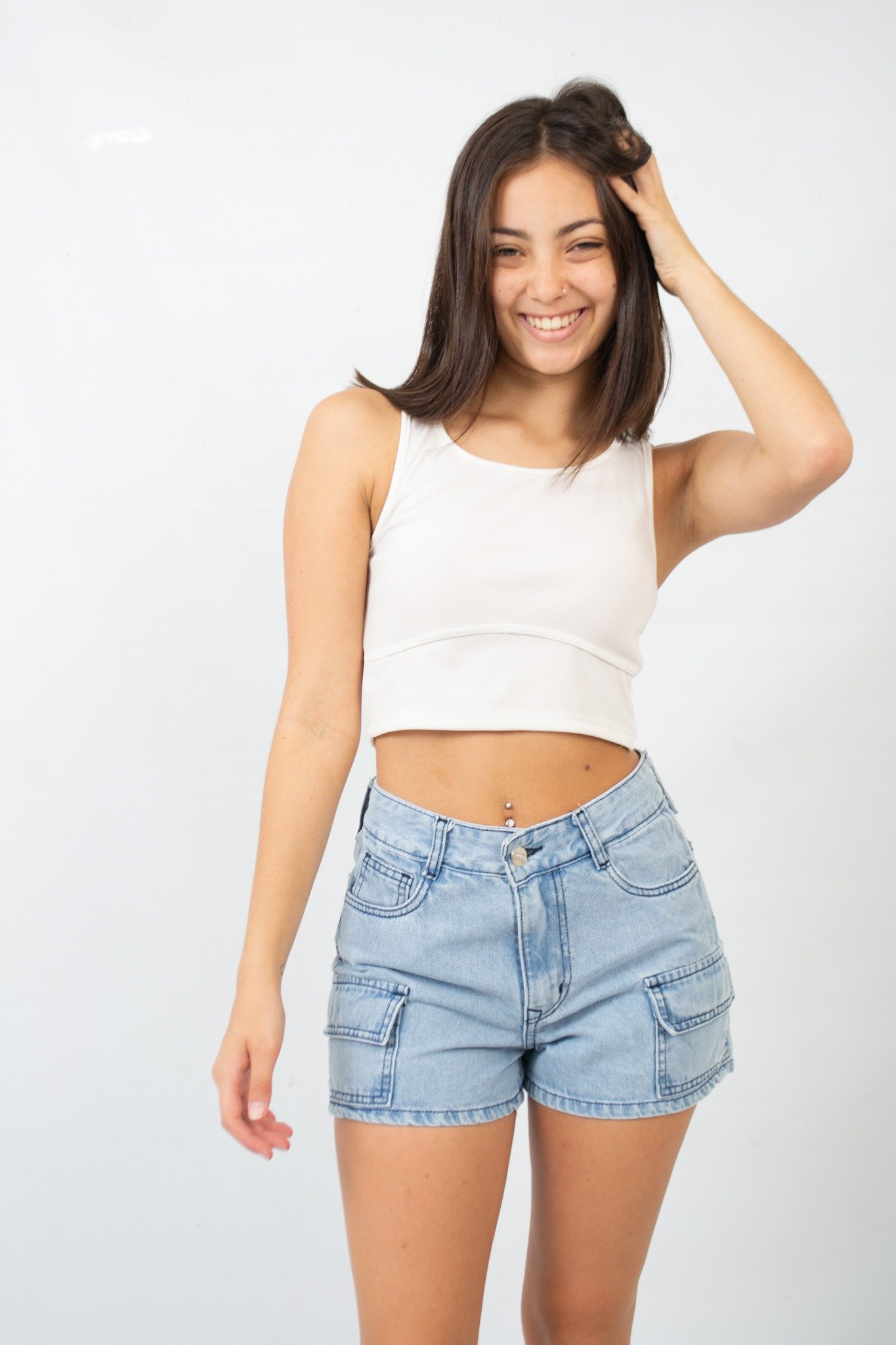 ART. SH -80 | SHORT CARGO NEVADO CLARO HILO AZUL TIRO ALTO TALLES 36 AL 42 ANDAR