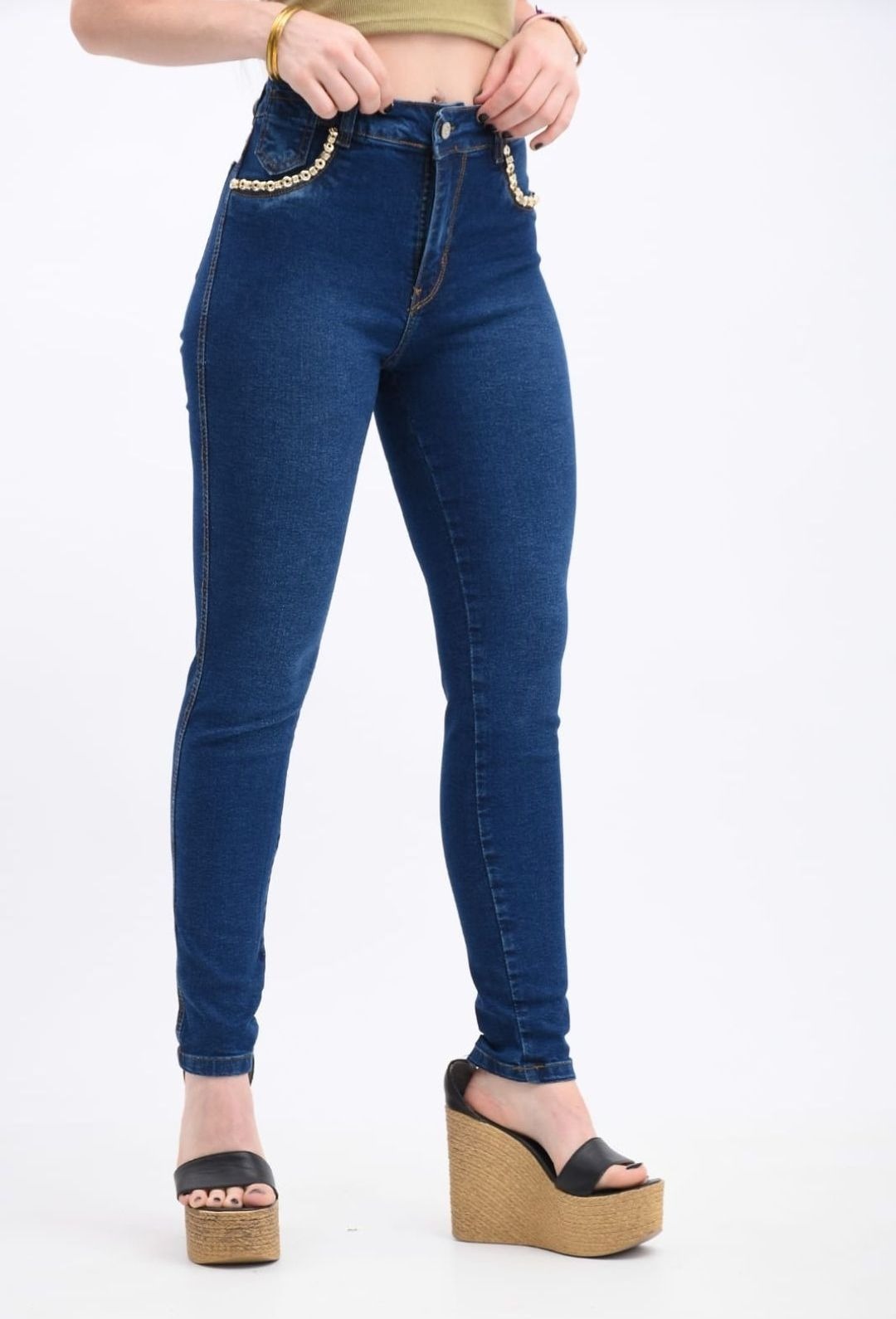 201CAD | JEAN SKINNY AZUL ELASTIZADO CON CADENAS EN BOLSILLOS TIRO ALTO TALLES 36 AL 50 EXITO JEANS