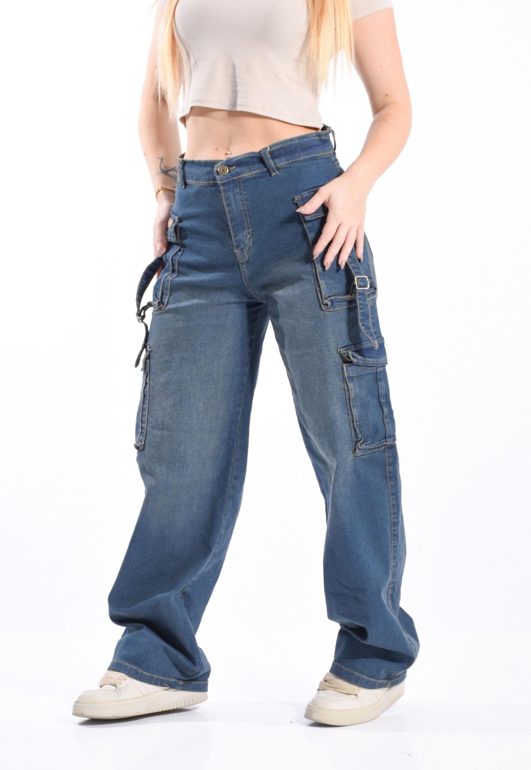 317OXI  I  JEAN CARGO AZUL OXIDO TIRO ALTO TALLES 36 AL 50 EXITO JEANS