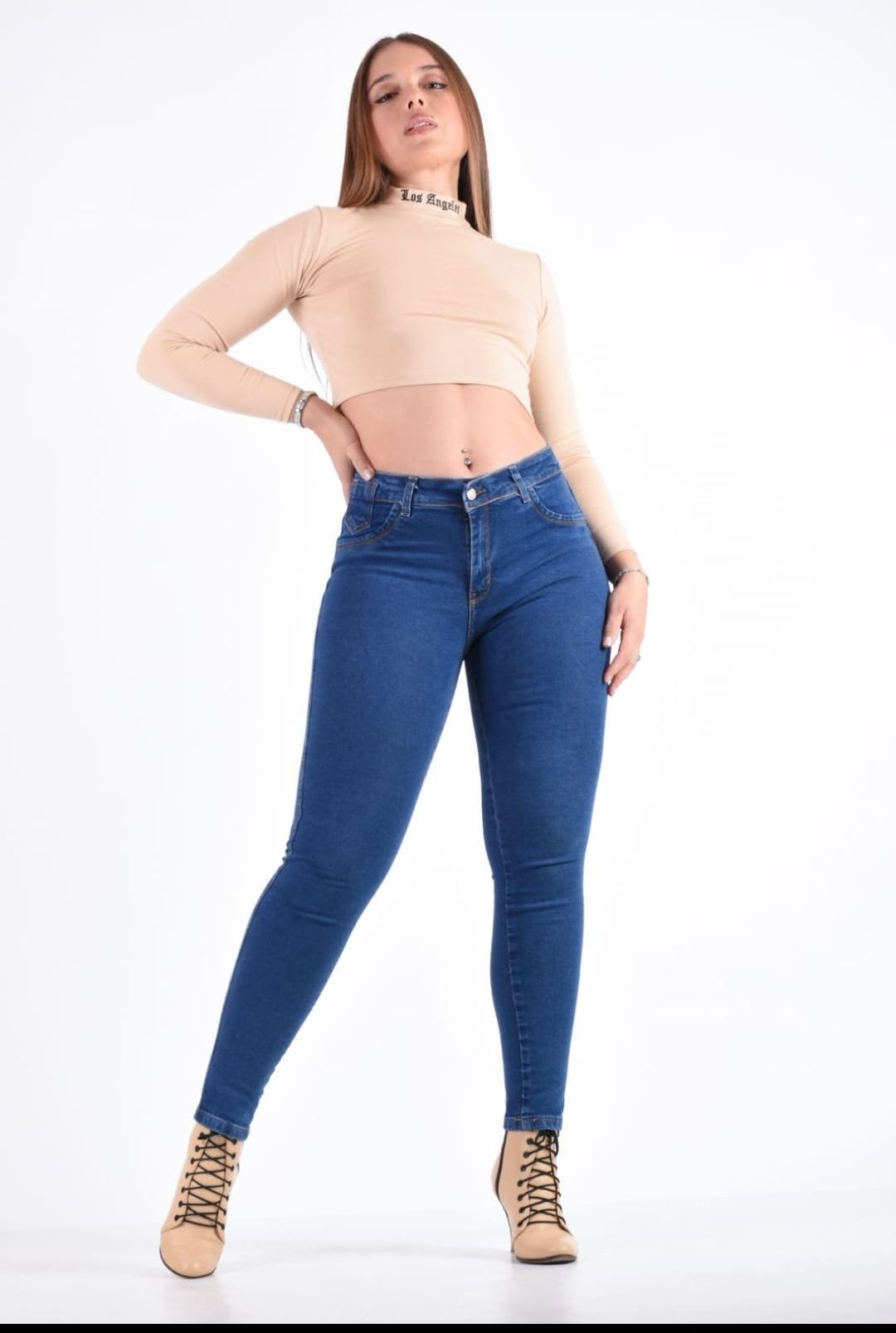 201L | JEAN SKINNY AZUL HILO MARRON TIRO ALTO TALLES 36 AL 50 EXITO JEANS