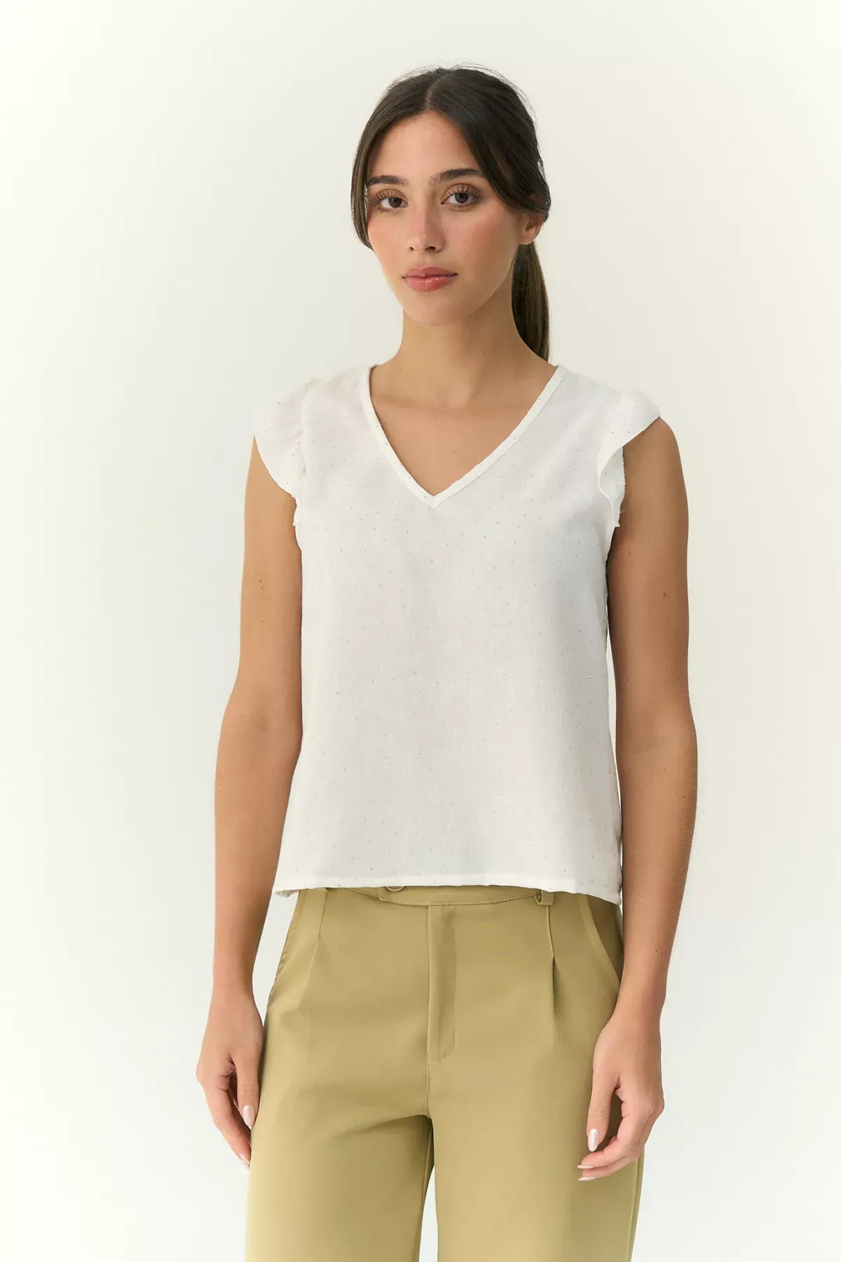 Art.3089 | BLUSA DE LINO CON STRASS ESCOTE V CON VOLADOS VARIOS COLORES TALLES S AL L