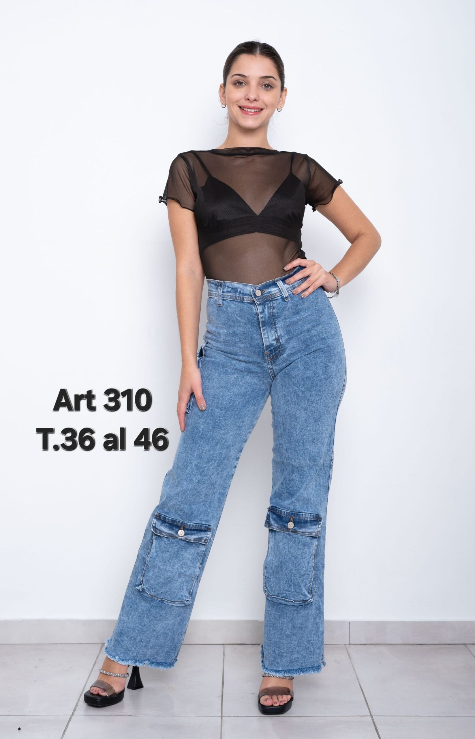 310  I  JEAN MULTICARGO AZUL LAVADO DESFLECADO EN BOTA TIRO ALTO TALLES 36 AL 46 EXITO JEANS