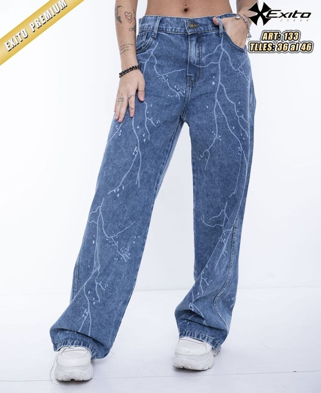 133R | WIDE LEG AZUL RIGIDO CON ACABADO LASER TIRO MEDIO TALLES 36 AL 46 EXITO JEANS