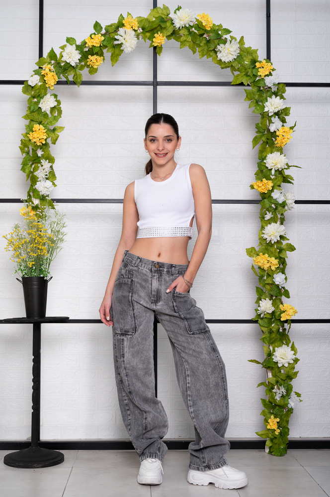 221-2 jean baggy gris arenado con bolsillo fuelle tiro bajo rígido principessa 36-44