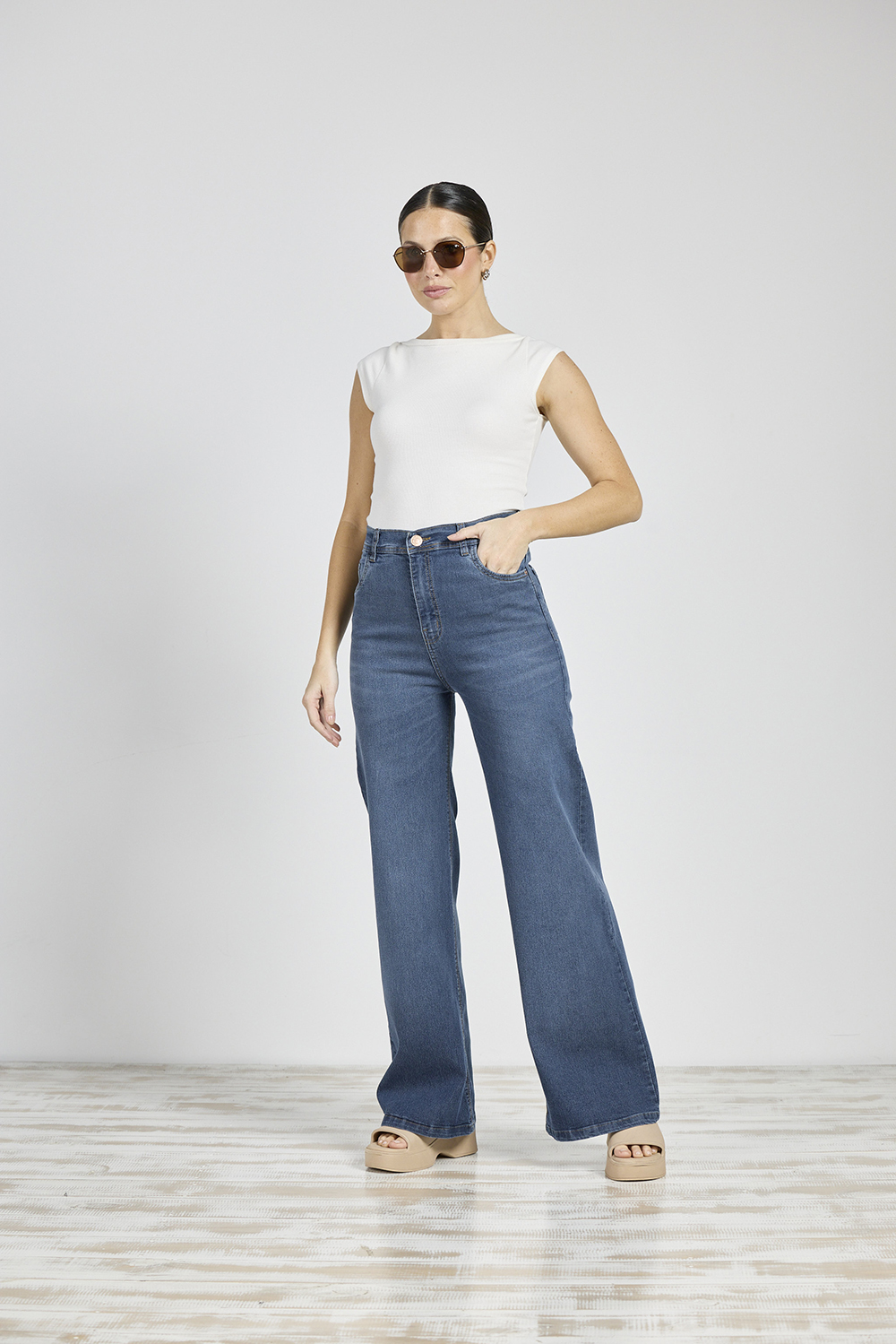 ART. 342 | WIDE LEG AZUL ELASTIZADO LOCALIZADO TIRO ALTO TALLES 36 AL 46 CENITHO JEANS