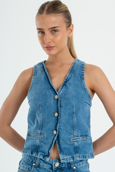 CHANIZA CHALECO AZUL DENIM RÍGIDO ESCOTE V ISOSTASIA S-L