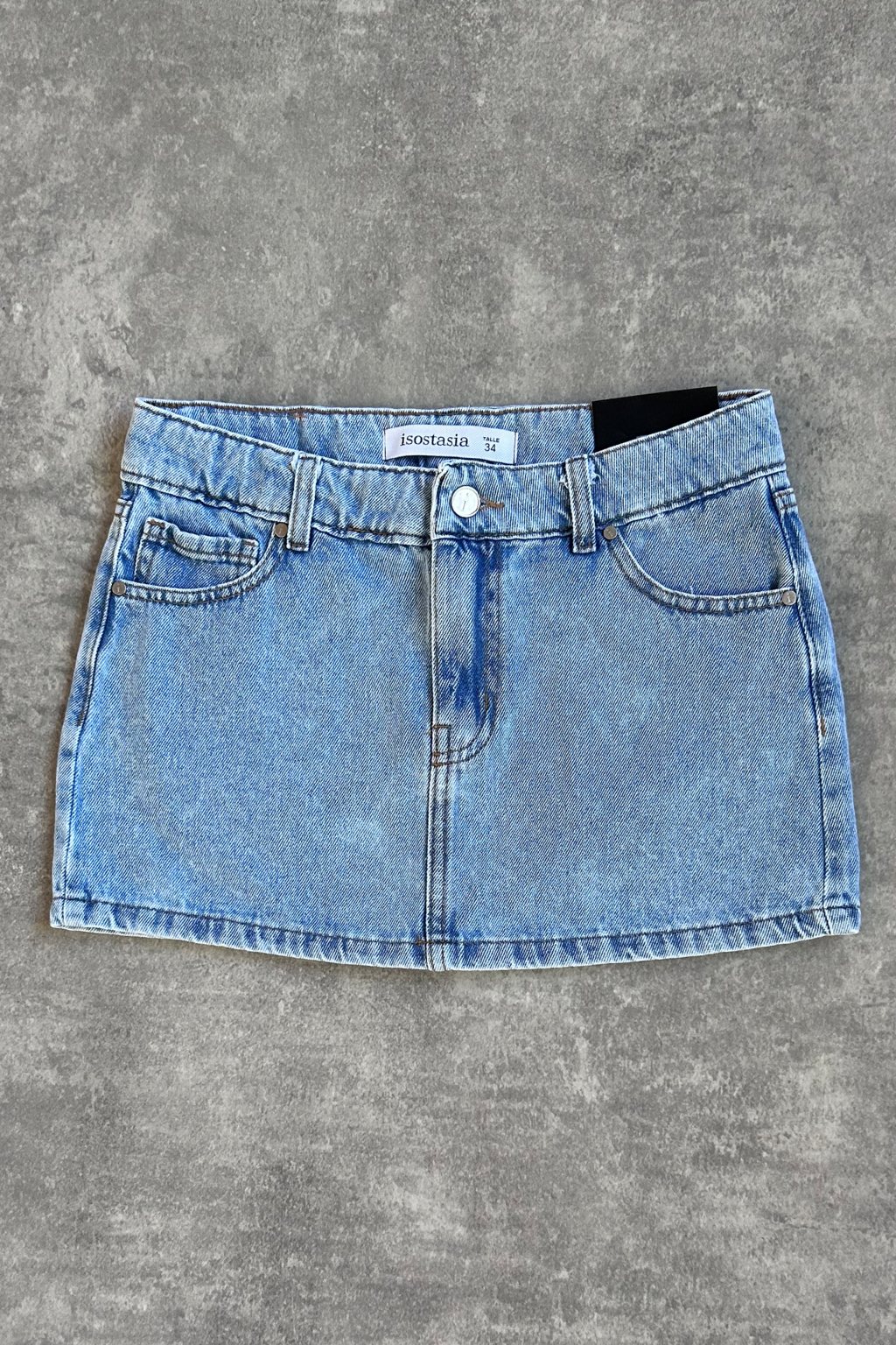 BIADIMIA- MINI DE JEAN RIGIDO CELESTE TIRO MEDIO TALLES 34 AL 42 ISOSTASIA