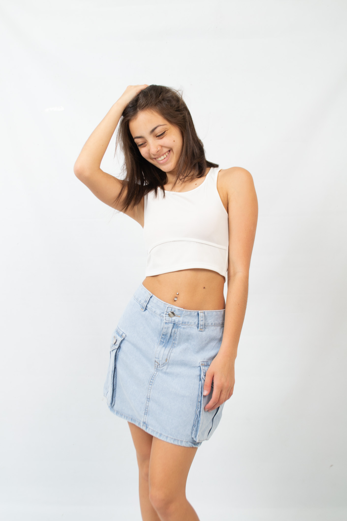 M-48 MINI POLLERA SLOUCHY CELESTE NEVADO BOLSILLO CARGO VERSUS 36-42