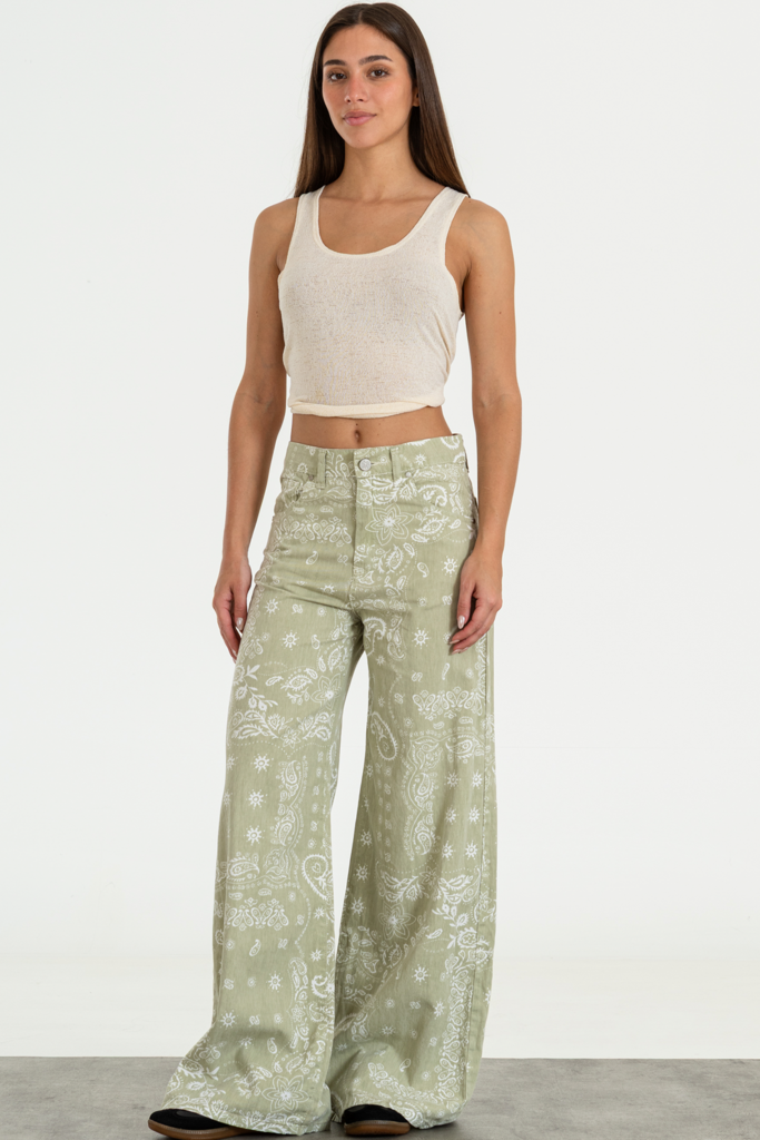 LIZZET- WIDE LEG RIGIDO ESTAMPADO BULGARO VERDE TIRO ALTO TALLES 34 AL 40 ISOSTASIA
